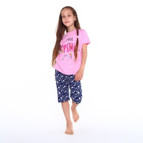 Пижама (футболка/шорты) для девочки, цвет розовый/синий, рост 140см