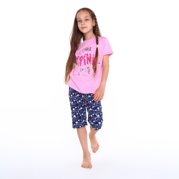 Пижама (футболка/шорты) для девочки, цвет розовый/синий, рост 152см