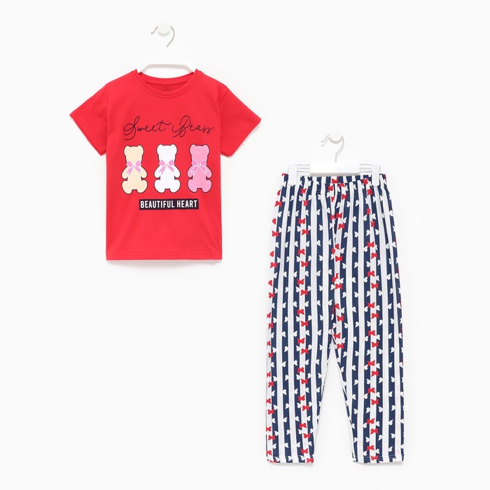 Пижама (футболка/брюки) для девочки, цвет красный, рост 128см