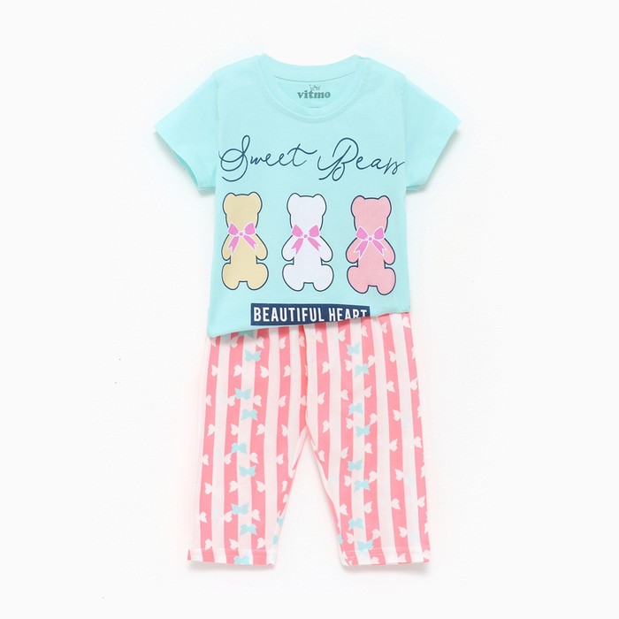 Пижама (футболка/брюки) для девочки, цвет мятный/розовый, рост 80см