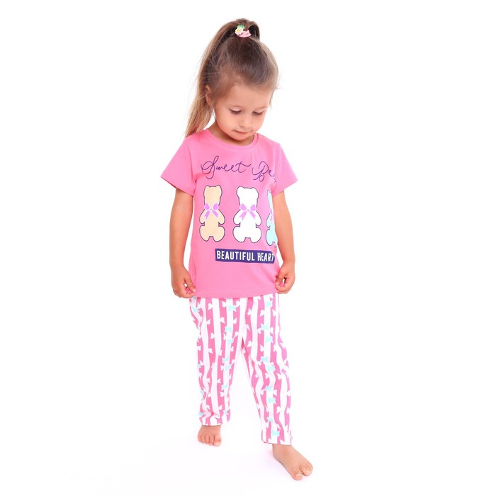 Пижама (футболка/брюки) для девочки, цвет ярко-розовый, рост 80см