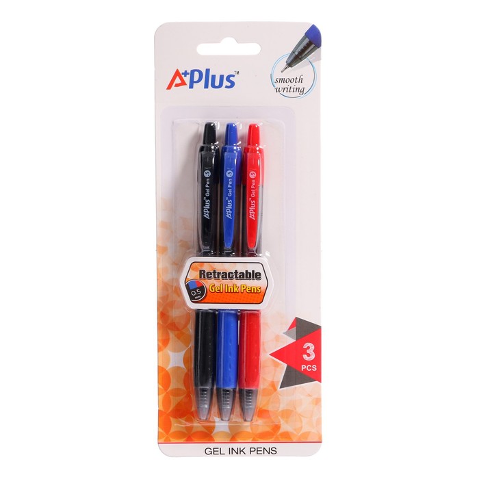 Набор гелевых цветных автоматических ручек 0,5 мм BEIFA "Студент", пластиковый корпус, 3 цвета: синий, черный, красный, с европодвесом - Фото 1
