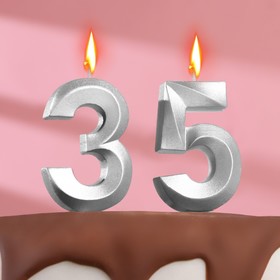 Свеча в торт юбилейная "Грань" (набор 2 в 1), цифра 35 / 53, серебряный металлик, 6,5 см