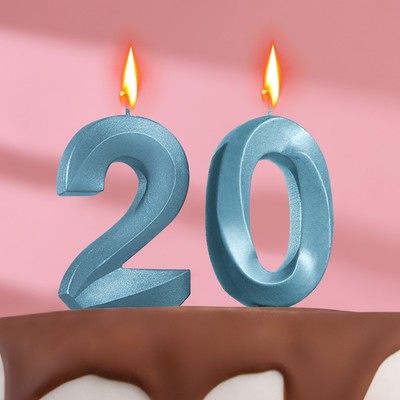 Свеча в торт юбилейная "Грань" (набор 2 в 1), цифра 20, голубой металлик, 6,5 см