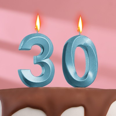 Свеча в торт юбилейная "Грань" (набор 2 в 1), цифра 30, голубой металлик, 6,5 см