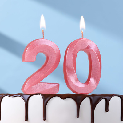 Свеча в торт юбилейная "Грань" (набор 2 в 1), цифра 20, розовый металлик, 6,5 см