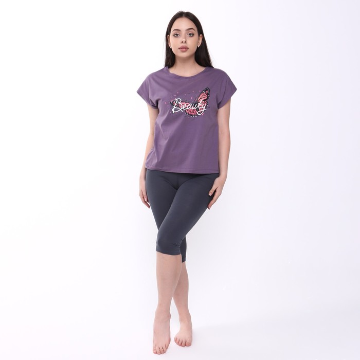 Комплект женский (футболка/бриджи), цвет фиолетовый/серый, размер 46 - Фото 1