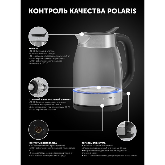 Чайник электрический Polaris PWK 1817CGL, стекло, 1.8 л, 2200 Вт, серебристо-чёрный - фото 51340367