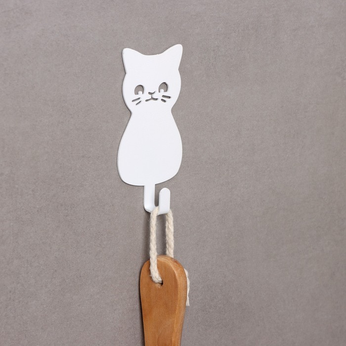 Крючок настенный самоклеящийся «Кот», 50×95×15 мм, цвет белый - Фото 1
