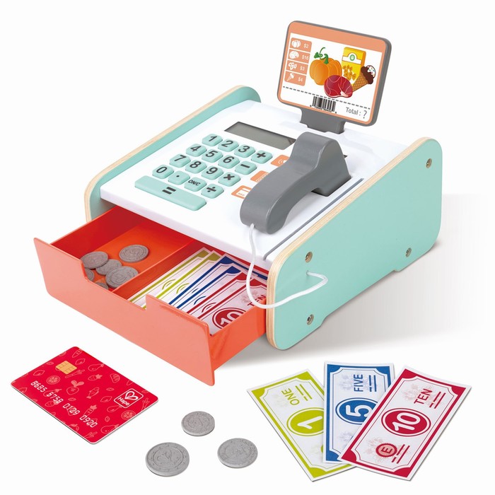 Игровой набор Hape, детская касса с бумажными деньгами и монетами - фото 1904826614