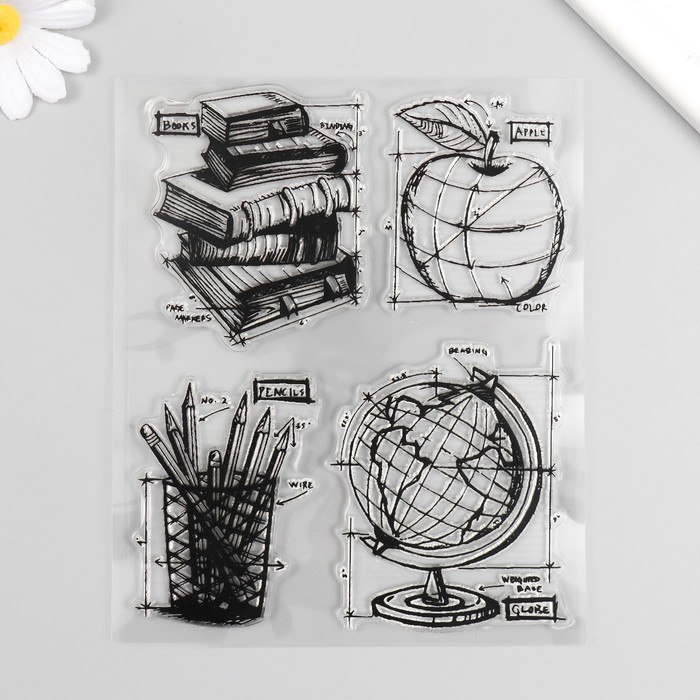 Штамп для творчества силикон "Глобус, книги, карандашница и яблоко" 16х14 см - Фото 1