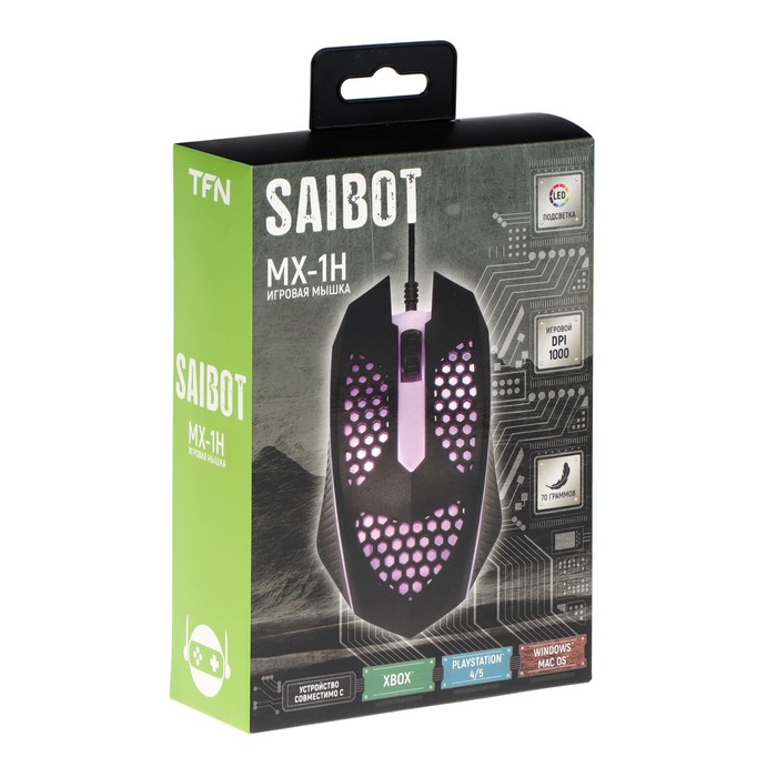 Мышь Saibot MX-1H, игровая, проводная, 1200 dpi, USB, подсветка, чёрная - фото 51311828