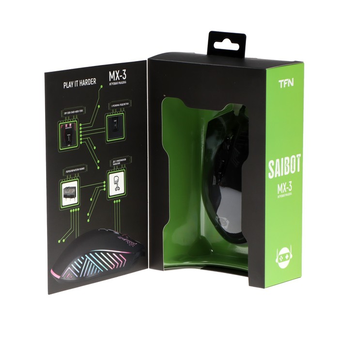 Мышь Saibot MX-3, игровая, проводная, 7 кнопок, 7200 dpi, USB, подсветка, чёрная - фото 51311843