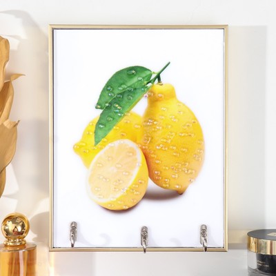 Ключница настенная декоративная «Лимонная свежесть», 3 крючка на панно, пластик, МДФ, стразы, золото, 18.5×1.8×23.5 см