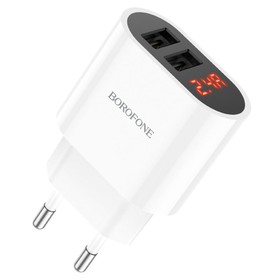 Сетевое зарядное устройство Borofone BA63A, 2xUSB, 2.4 А, дисплей, белое