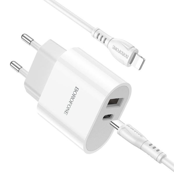 Сетевое зарядное устройство Borofone BA62A, USB + Type-C, 2.4 А, кабель Type-C - Lightning, 1м, белое - фото 51463991