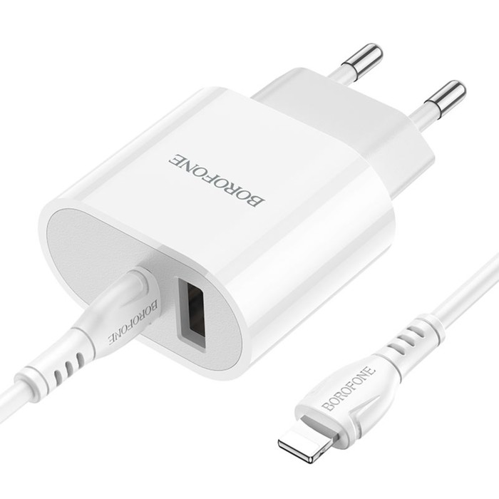 Сетевое зарядное устройство Borofone BA62A, USB + Type-C, 2.4 А, кабель Type-C - Lightning, 1м, белое - фото 51463992