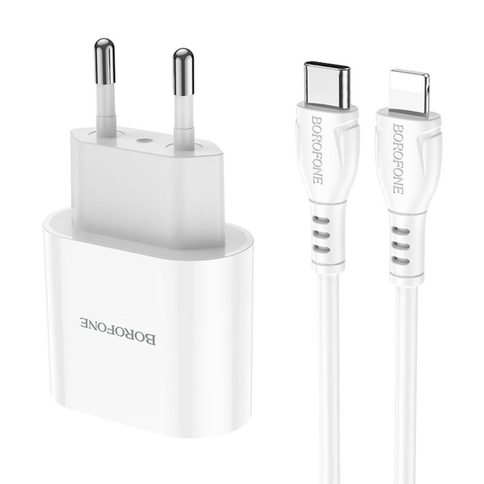 Сетевое зарядное устройство Borofone BA62A, USB + Type-C, 2.4 А, кабель Type-C - Lightning, 1м, белое - фото 51463993