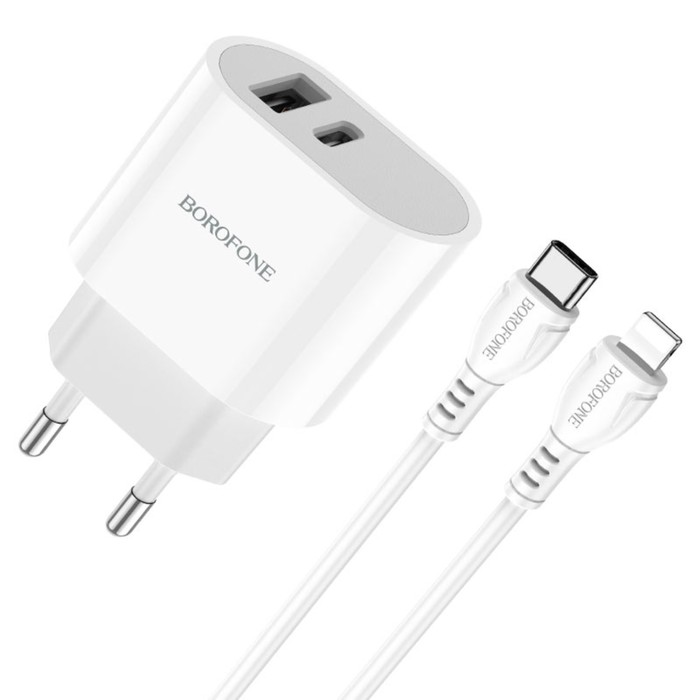 Сетевое зарядное устройство Borofone BA62A, USB + Type-C, 2.4 А, кабель Type-C - Lightning, 1м, белое - фото 51463994