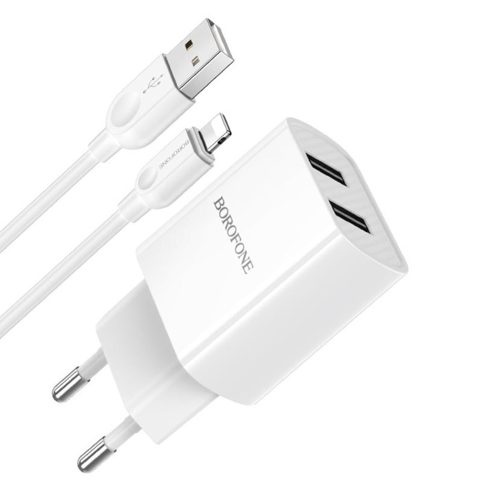 Сетевое зарядное устройство Borofone BA53A, 2xUSB, 2.1 А, кабель Lightning, 1 м, белое - фото 51464017