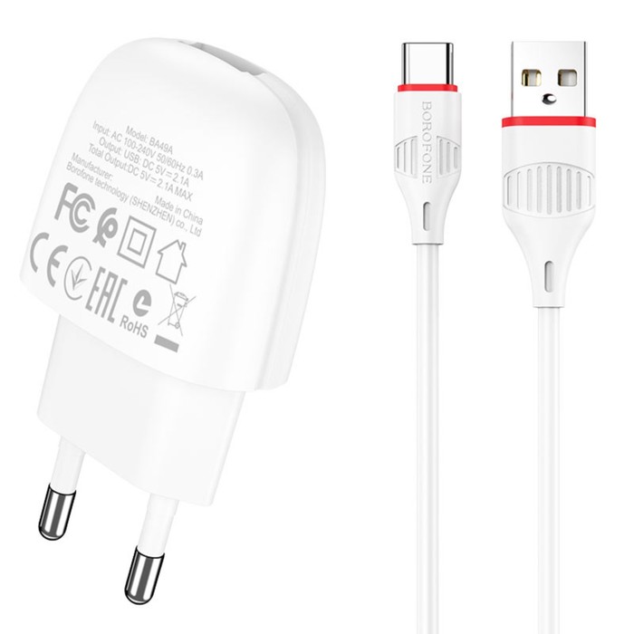 Сетевое зарядное устройство Borofone BA49A, USB, 2.1 А, кабель microUSB, 1 м, белое - фото 51464055