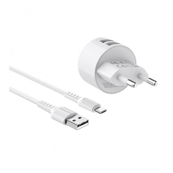 Сетевое зарядное устройство Borofone BA23A, 2xUSB, 2.4 А, кабель microUSB, 1 м, белое