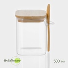 Банка для сыпучих BellaTenero «Эко», 500 мл, 10.5×8.2×10.5 см, с бамбуковой крышкой и ложкой, стекло, прозрачная - Фото 1