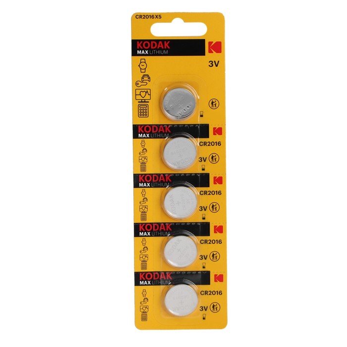 Батарейка литиевая Kodak, CR2016-5BL, 3В, блистер, 5 шт. - Фото 1