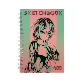 Скетчбук А5, 60 листов на гребне " Аниме девушка", твердая обложка, софт-тач ламинация, блок 120г/м2