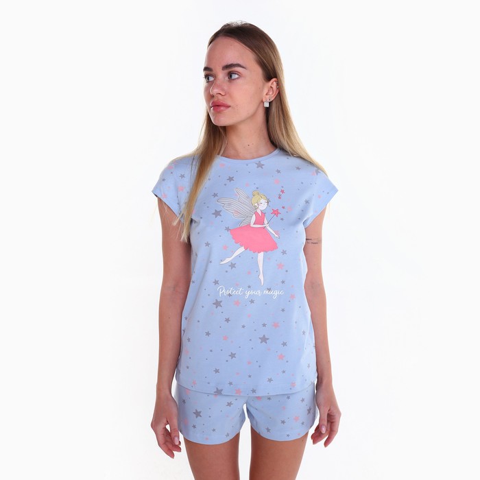 Комплект женский (футболка/шорты), цвет голубой/звёзды, размер 50 (XL) - Фото 1