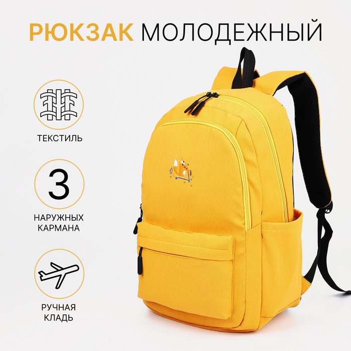 Рюкзак школьный на молнии, с отделами, карманами, принтом, размер 31×15×47 см, жёлтый - Фото 1