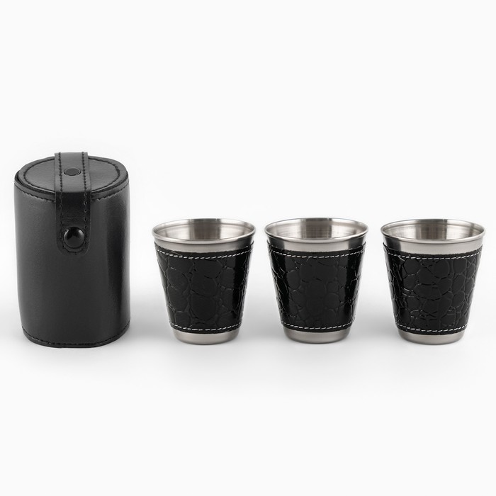 Набор стопок Мастер К, 70 мл, 6 см, 3 шт., чехол, металл, экокожа, чёрный - Фото 1
