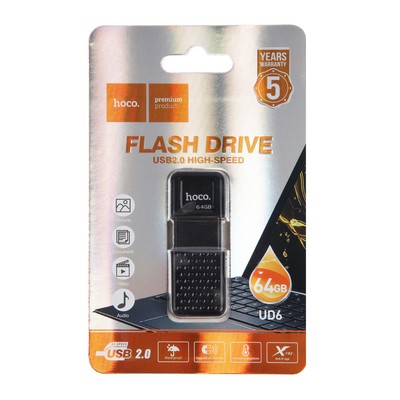 Флешка Hoco UD6 Intelligent, 64 ГБ, USB 2.0, чтение до 30 Мб/с, запись до 10 Мб/с, чёрная