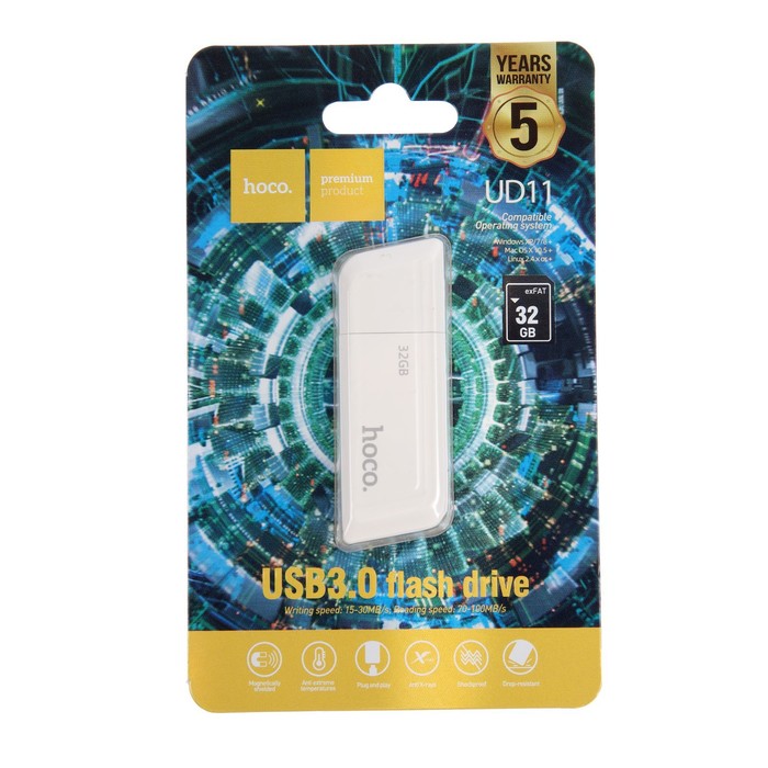 Флешка Hoco UD11 Wisdom, 32 Гб, USB3.0, чт до 100 Мб/с, зап до 30 Мб/с, белая - фото 51312032