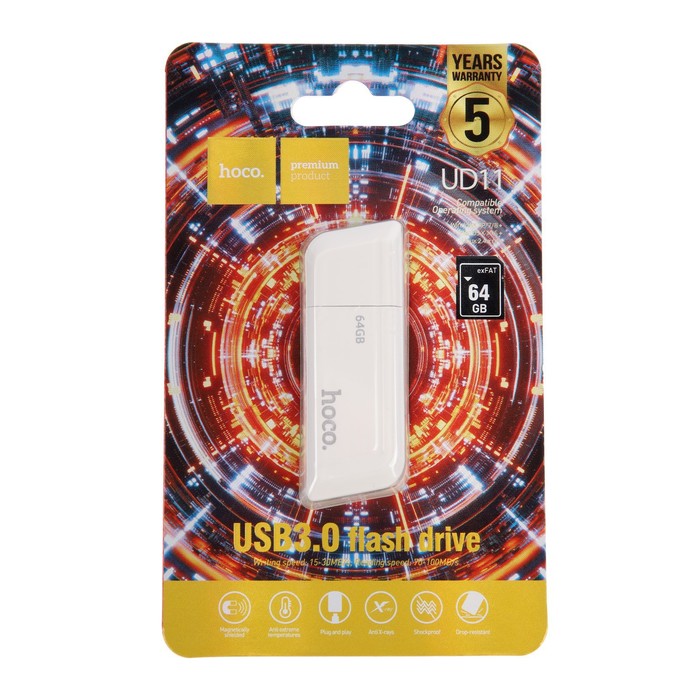 Флешка Hoco UD11 Wisdom, 64 Гб, USB3.0, чт до 100 Мб/с, зап до 30 Мб/с, белая - фото 51312036