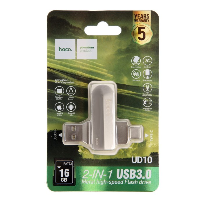 Флешка OTG Hoco UD10 Wise, 16 Гб, USB3.0, USB/Type-C, чт до 120 Мб/с, зап до 30 Мб/с, металл - фото 51312042