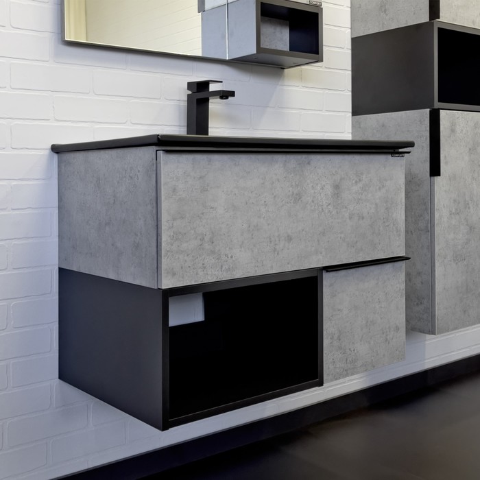 Тумба-умывальник Comforty «Франкфурт-75», бетон светлый с раковиной, чёрная матовая 75E