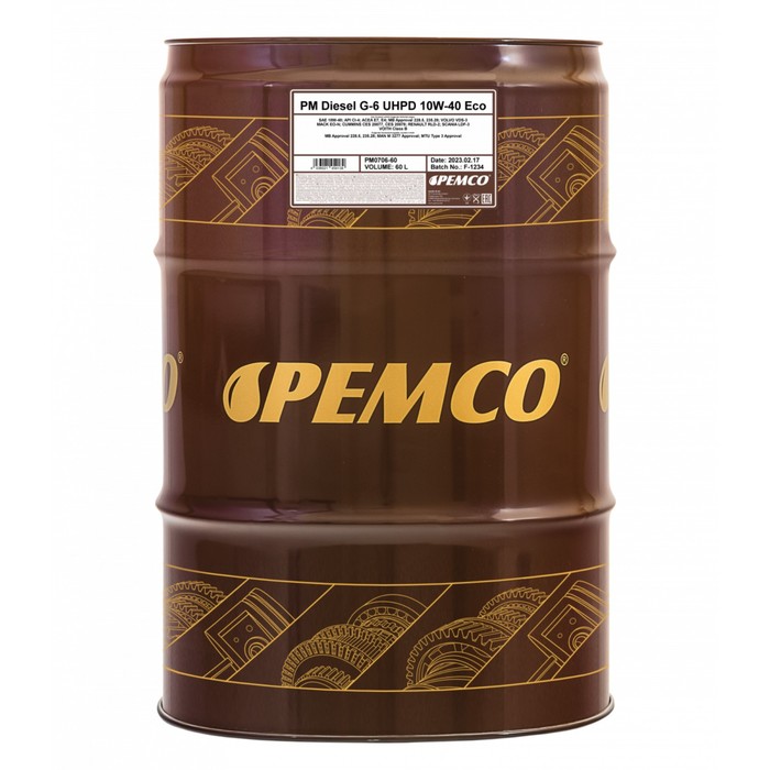 Масло моторное PEMCO DIESEL G-6 Eco UHPD 10W-40, синтетическое, 208 л - Фото 1
