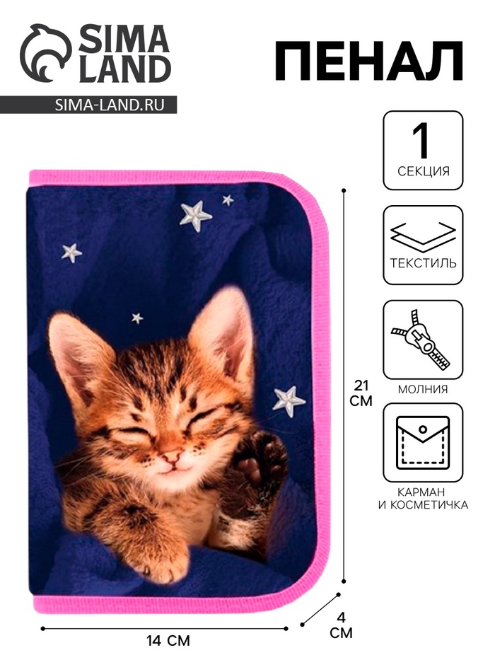 Пенал школьный, 1 секция, 14×21×4 см «Котик»
