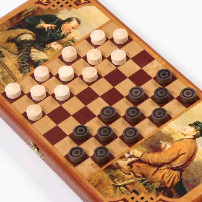 Нарды "Охотники на привале", деревянная доска 40 х 40 см, с полем для игры в шашки - фото 1905307071