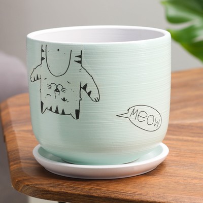 Горшок для цветов «Мяун», керамический, с поддоном, 1.6 л, зелёный