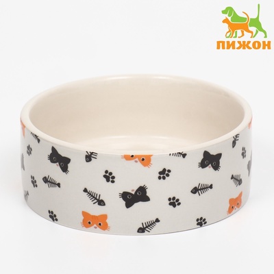 Миска керамическая «Кошки-рыбки» 300 мл - 11.5×11.5×5 см, бежевая