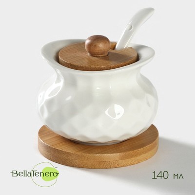 Сахарница с ложкой на бамбуковой подставке BellaTenero, 140 мл, фарфор, белая