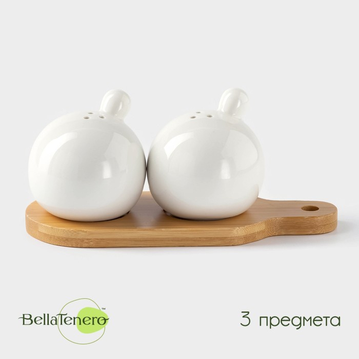 Набор для специй на бамбуковой подставке BellaTenero «Шарики», 2 предмета: солонка 100 мл, перечница 100 мл, фарфор, белый - Фото 1