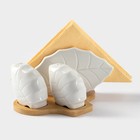 Набор фарфоровый для специй на бамбуковой подставке BellaTenero «Листья», 4 предмета: солонка 120 мл, перечница 120 мл, салфетница, подставка, белый - Фото 5