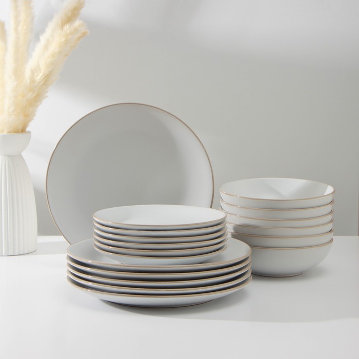 Набор тарелок керамических Доляна «Ваниль», 18 предметов: 6 тарелок d=19 см, 6 тарелок d=27 см, 6 мисок d=19 см, цвет белый - Фото 1