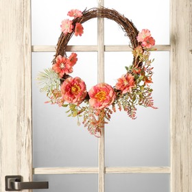 Венок на дверь интерьерный "Пионы и листья папоротника" 35х7х40 см