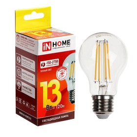 

УЦЕНКА Лампа светодиодная IN HOME LED-A60-deco, 13 Вт, 230 В, Е27,3000 К,1370 Лм,прозрачная