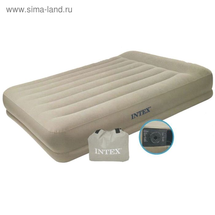 Кровать надувная "Pillow resе mid Queen", с подголовником с встроенным насосом 220V - Фото 1