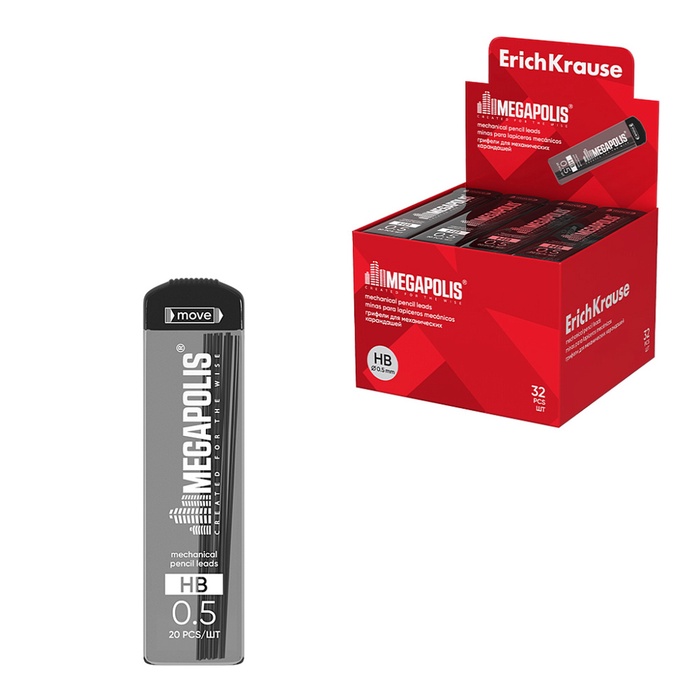 Набор грифелей для механических карандашей Erich Krause. Megapolis Concept, узел 0.5 мм, НВ, 20 штук - Фото 1